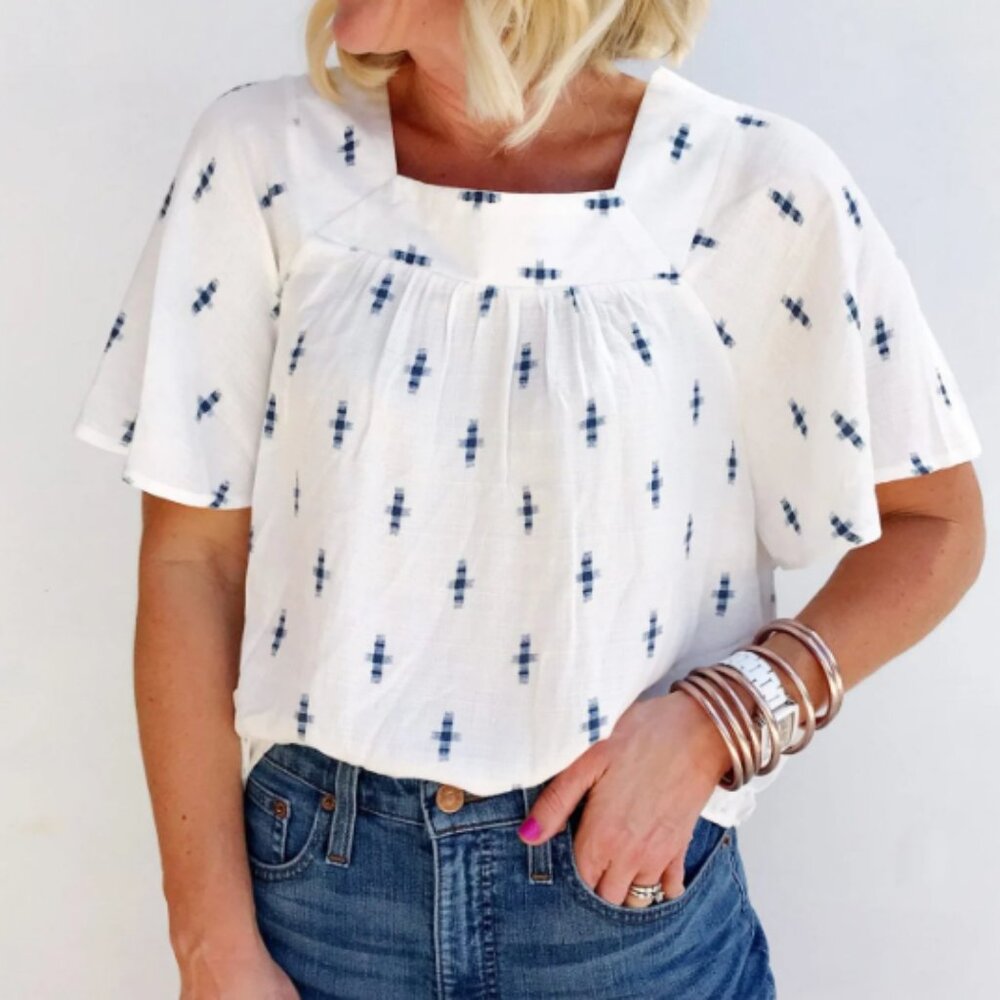White Square Neck Flutter Sleeve Top Blue Crosshatch Design